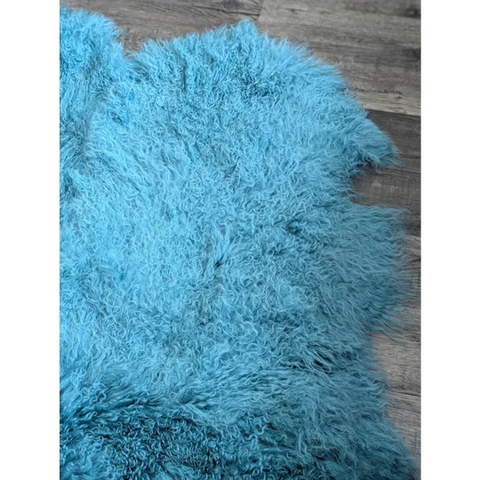 Gorgeous aqua Mongolian sheepskin rug, 72x48 plush curly fur for natural home decor