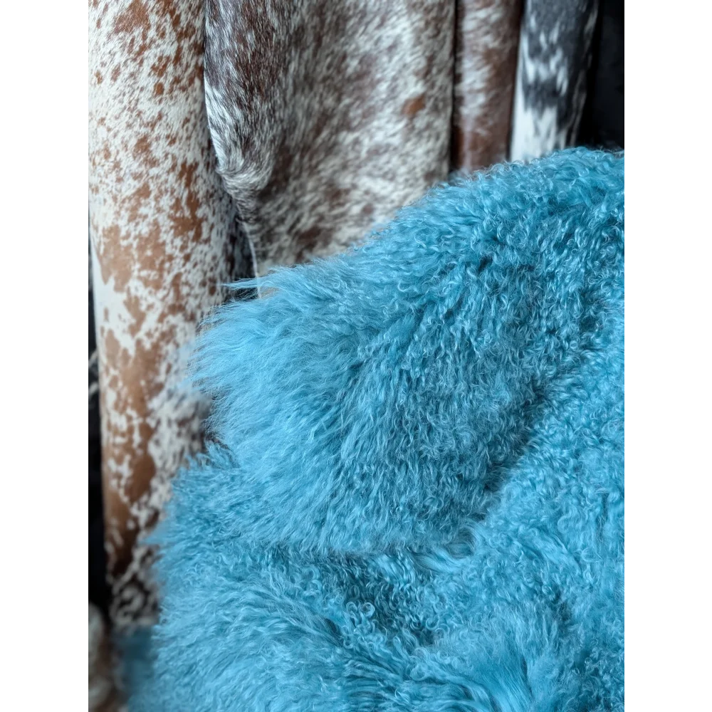 Vibrant turquoise curly-furred sheepskin rug, gorgeous Mongolian sheepskins for natural home decor
