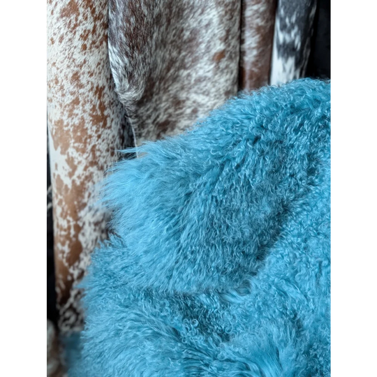 Vibrant turquoise curly-furred sheepskin rug, gorgeous Mongolian sheepskins for natural home decor