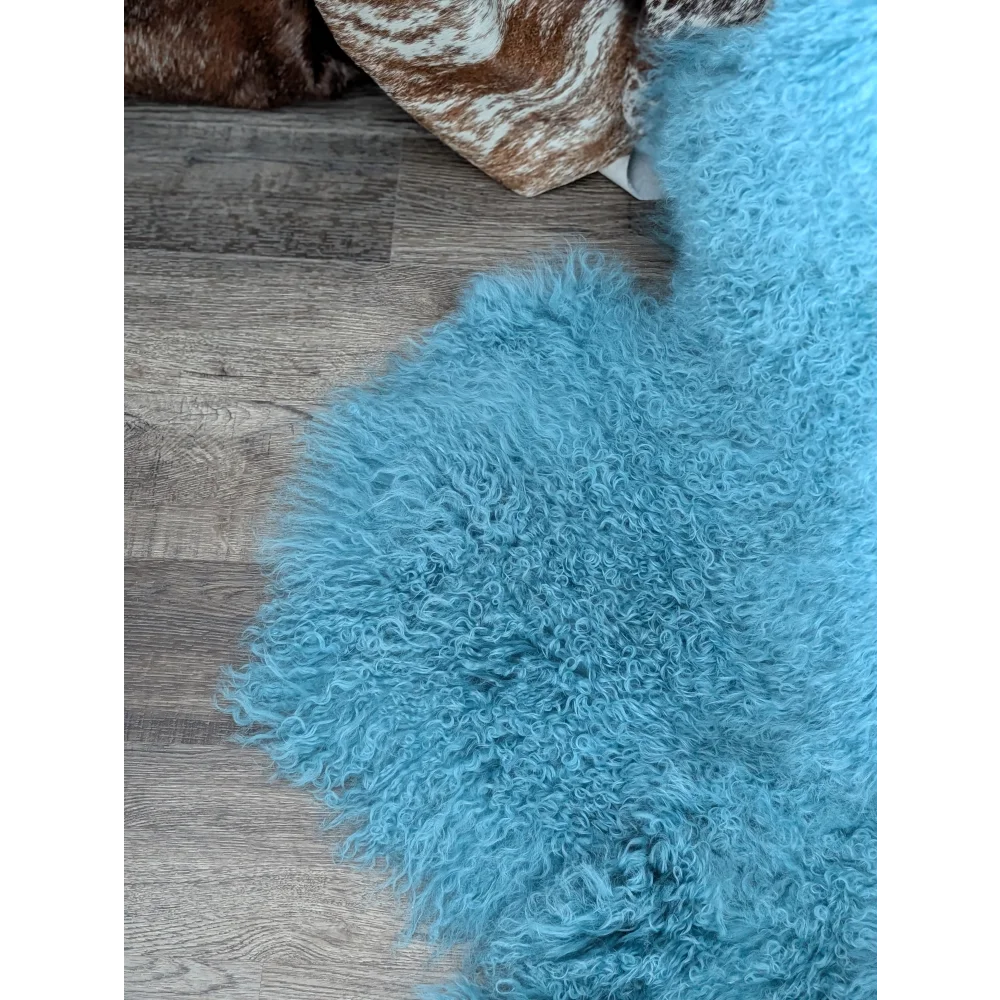 Vibrant turquoise curly-furred sheepskin rug, plush shaggy 72x48in gorgeous Mongolian sheepskins for natural home decor