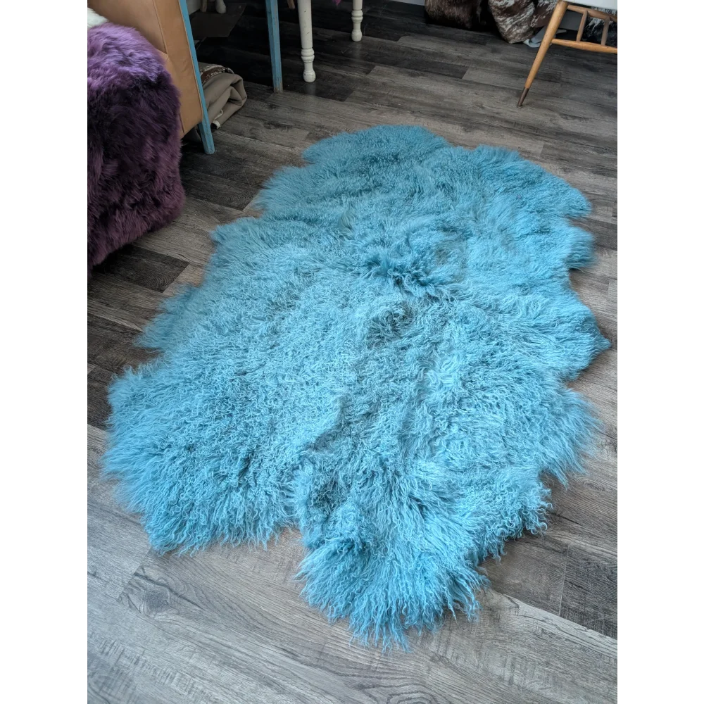 Gorgeous 72x48 aqua Mongolian sheepskin rug with fluffy curly texture