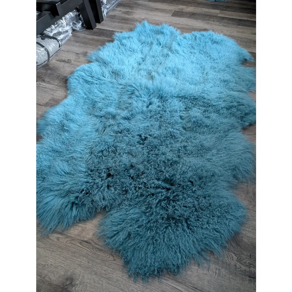 Gorgeous aqua Mongolian sheepskin rug, 72x48 plush teal curly texture