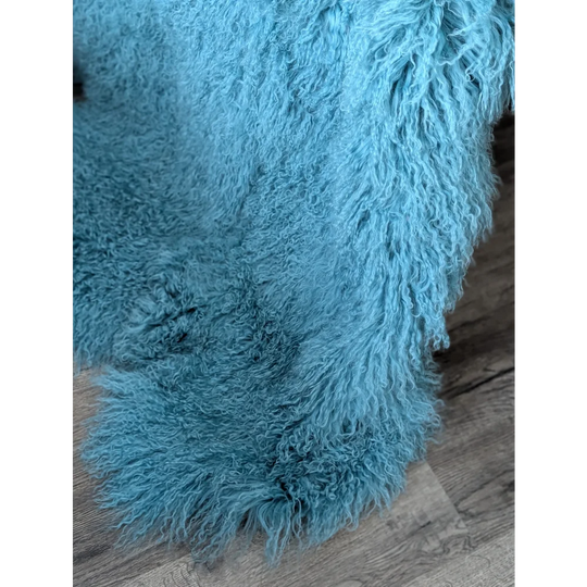 Gorgeous 72x48 aqua Mongolian sheepskin rug with curly fibers