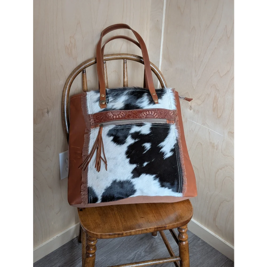 Brown leather oakley bag with real cowhide patch, embossed strap, and fringed tassel, spacious bag for everyday use