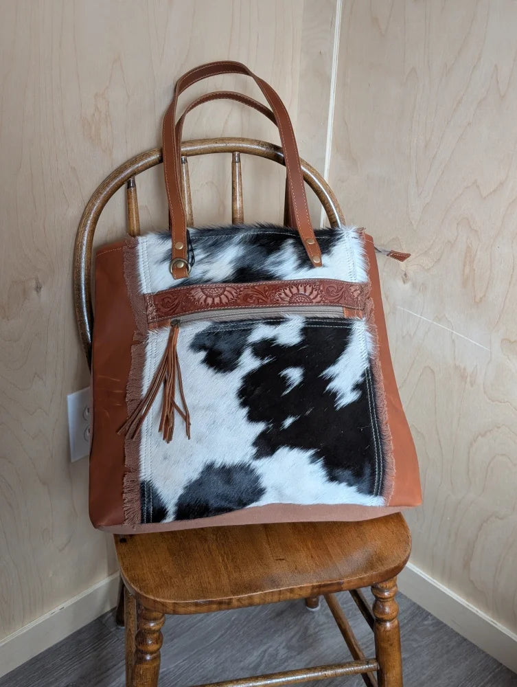 Brown leather oakley bag with real cowhide patch, embossed strap, and fringed tassel, spacious bag for everyday use