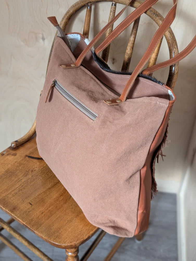 #2 Oakley bag dusty rose canvas tote with tan real cowhide handles spacious with front zip pocket