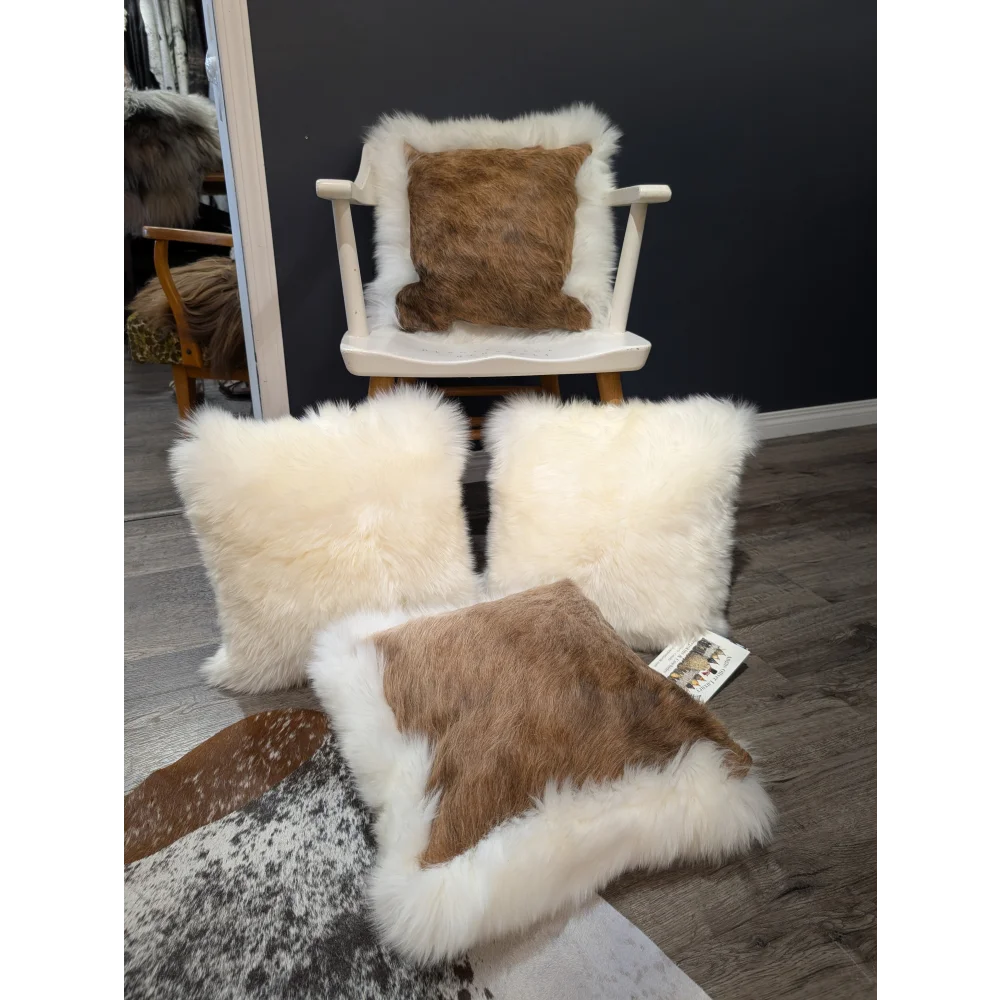 Cream and brown one of a kind cowhide merino sheepskin cushion with fluffy textured faux fur throw pillows