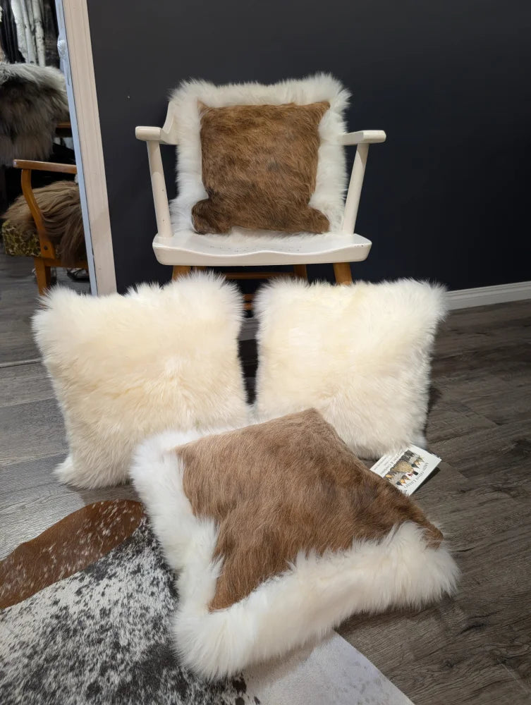 Cream and brown one of a kind cowhide merino sheepskin cushion with fluffy textured faux fur throw pillows