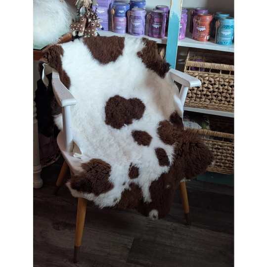 A plush brown and white highland spotted grade a- sheepskin rug draped over a white wooden chair