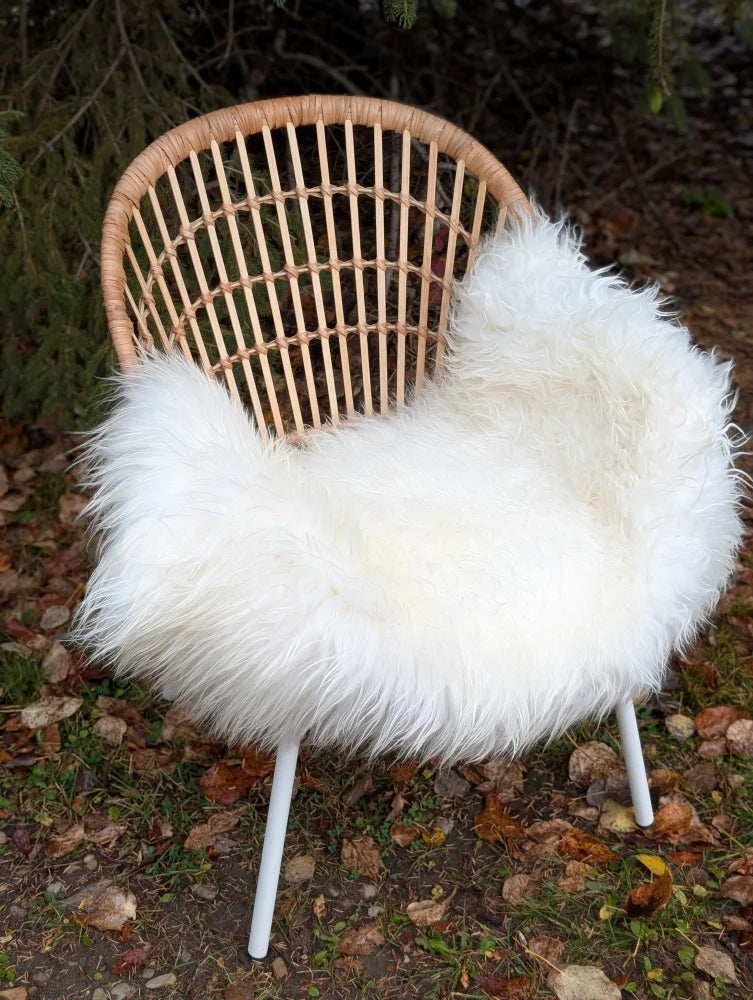A cozy natural white icelandic sheepskin long wool throw draped over a woven rattan chair with white legs