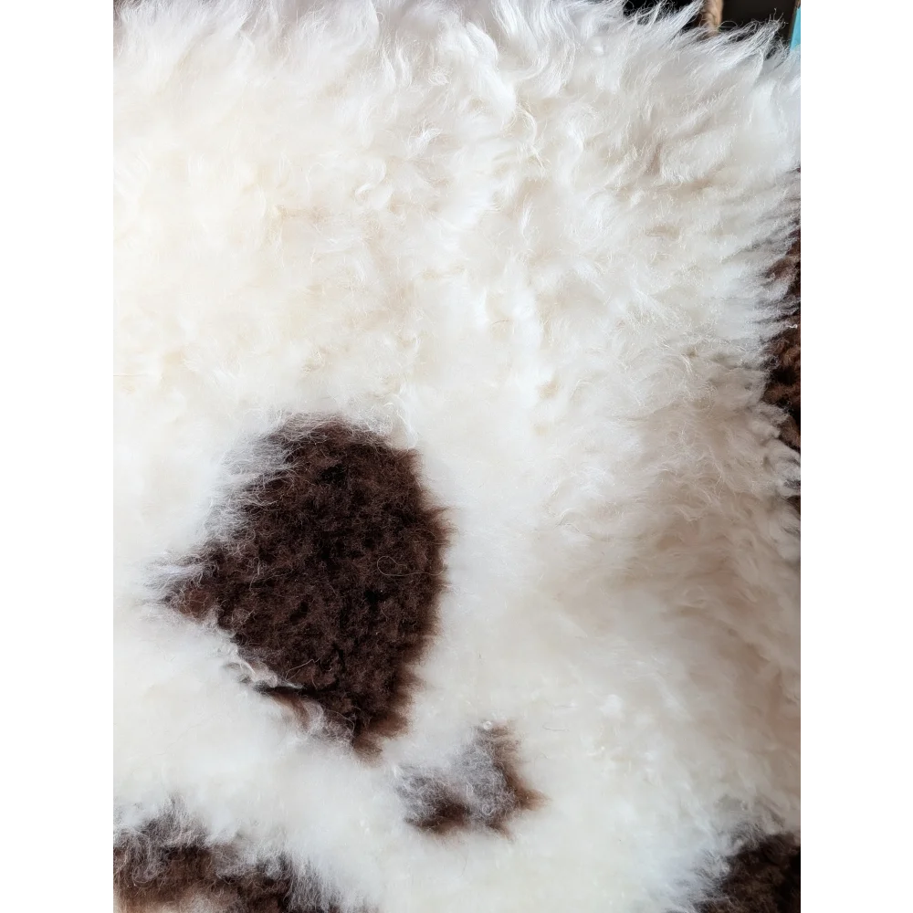 White and brown curly fluffy tibet highland spotted grade a- sheepskin rug with textured surface