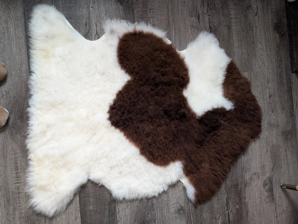 Grade B fluffy cloud like Oeko Tex sheepskin rug, 42x29 white brown patchwork