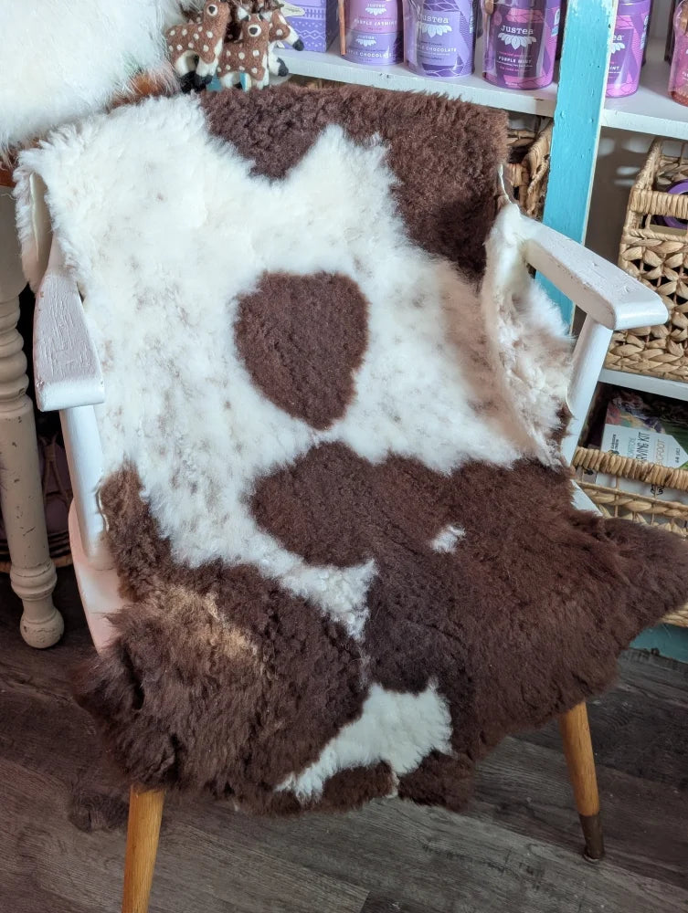 Brown and white highland spotted grade b sheepskin rug draped over a chair showcasing soft sheepskin rugs