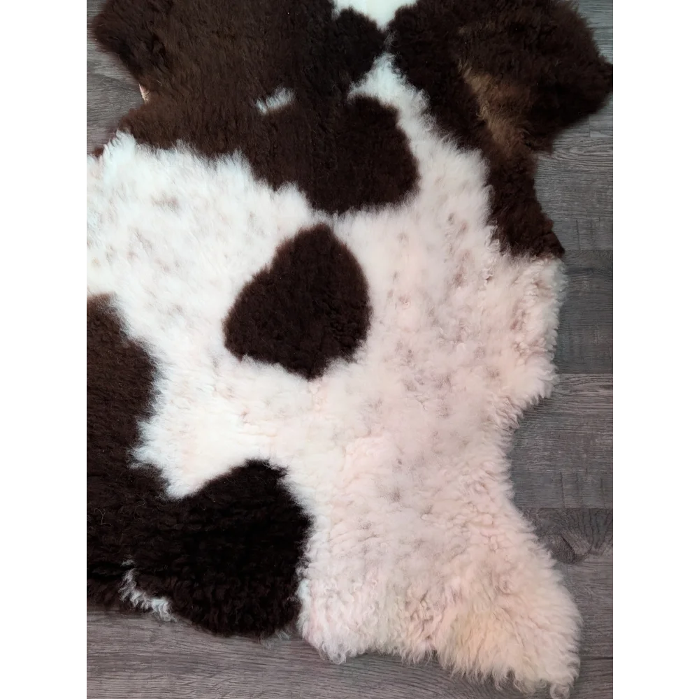 A plush grade b sheepskin rug featuring a highland spotted natural white and dark brown cowhide pattern