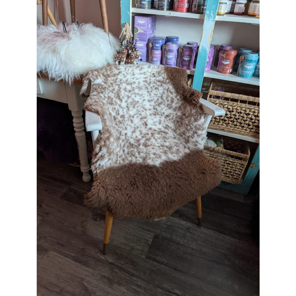 Brown and white grade a- tibet highland spotted sheepskin rug draped over wooden chair for cozy decor