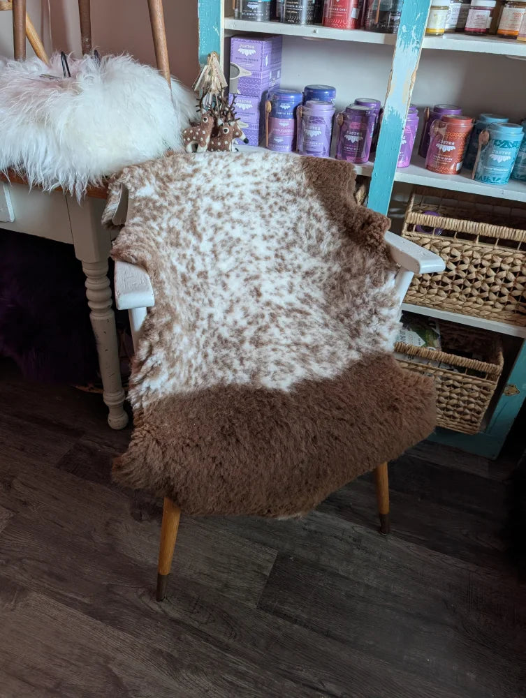 Brown and white grade a- tibet highland spotted sheepskin rug draped over wooden chair for cozy decor