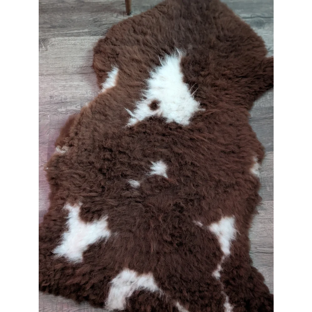 Brown and white plush shaggy tibet highland spotted sheepskin rug grade a- with a soft texture