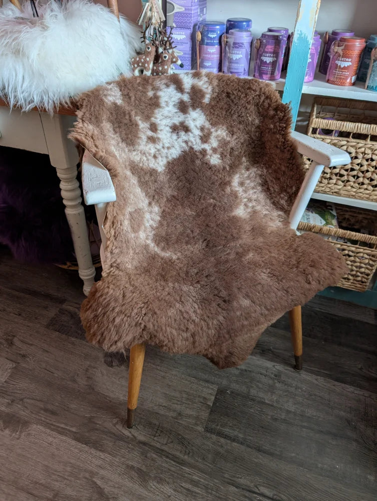 A cozy brown and white tibet highland spotted grade a- sheepskin chair cover on a wooden armchair