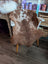A cozy brown and white tibet highland spotted grade a- sheepskin chair cover on a wooden armchair