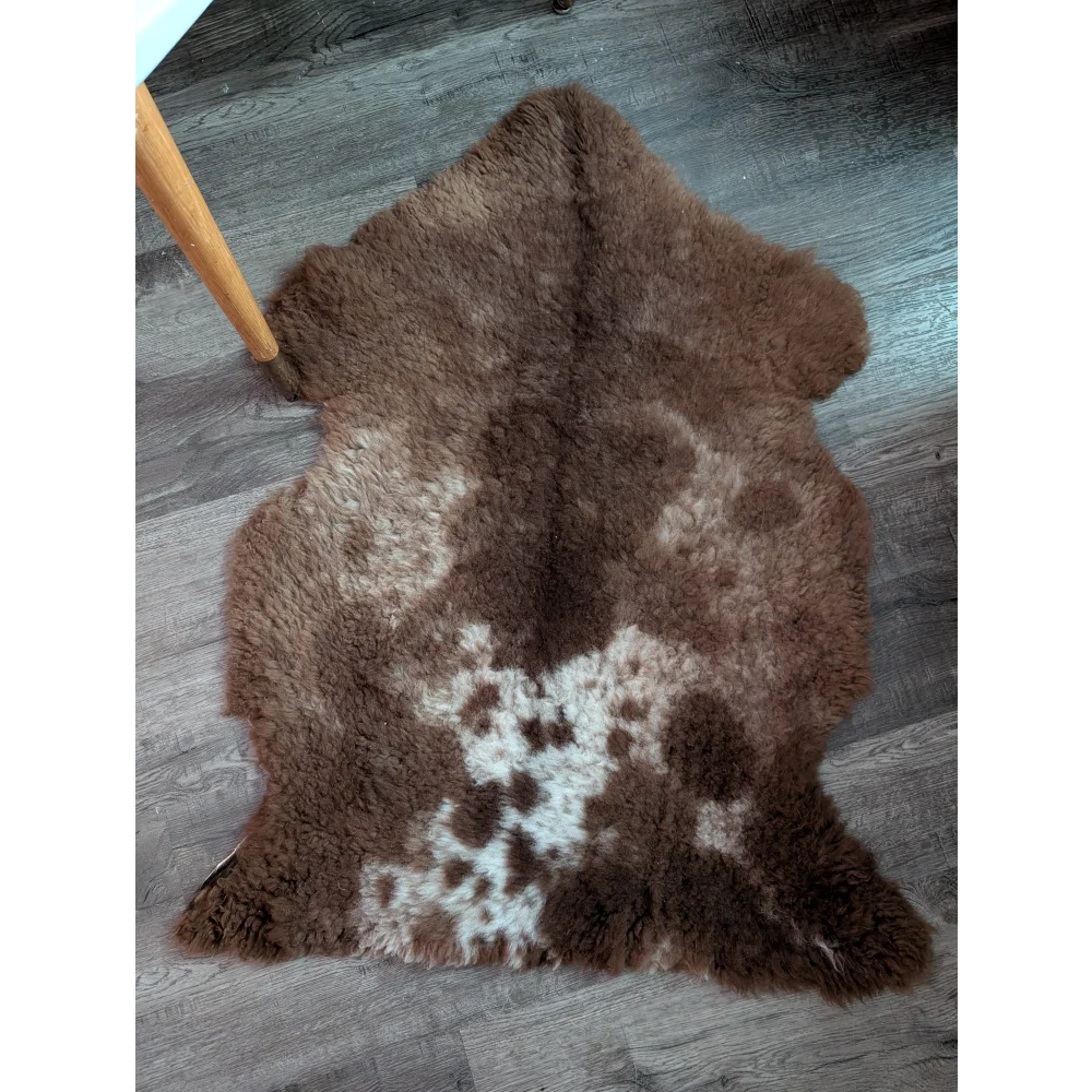 A plush natural brown and white tibet highland spotted grade a- sheepskin rug with soft fluffy texture on the floor