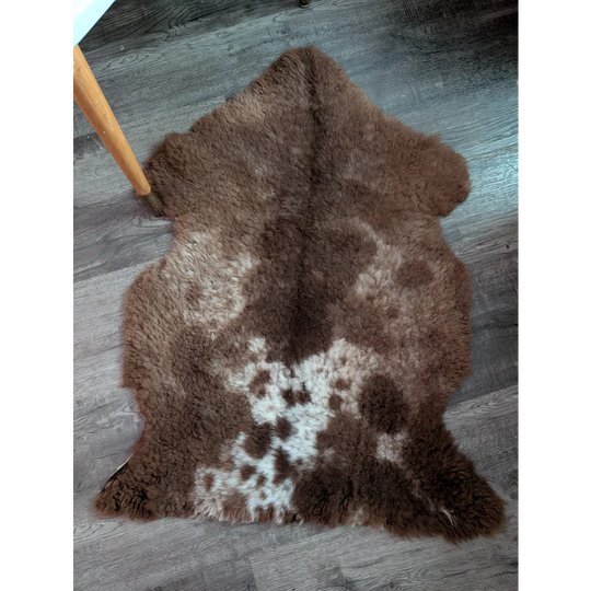 A plush natural brown and white tibet highland spotted grade a- sheepskin rug with soft fluffy texture on the floor