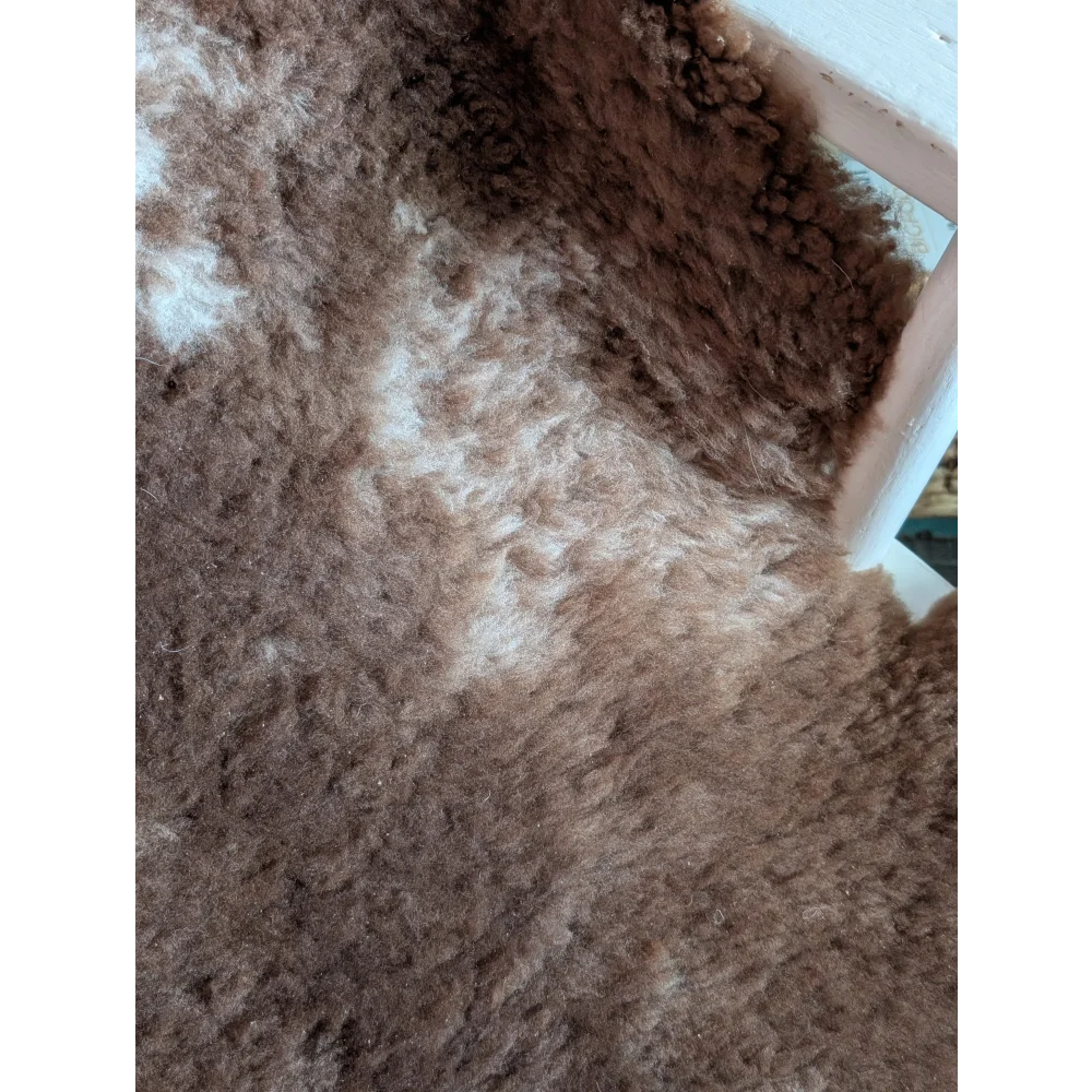 A plush brown and white tibet highland spotted grade a- sheepskin rug with soft curly texture