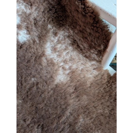 A plush brown and white tibet highland spotted grade a- sheepskin rug with soft curly texture