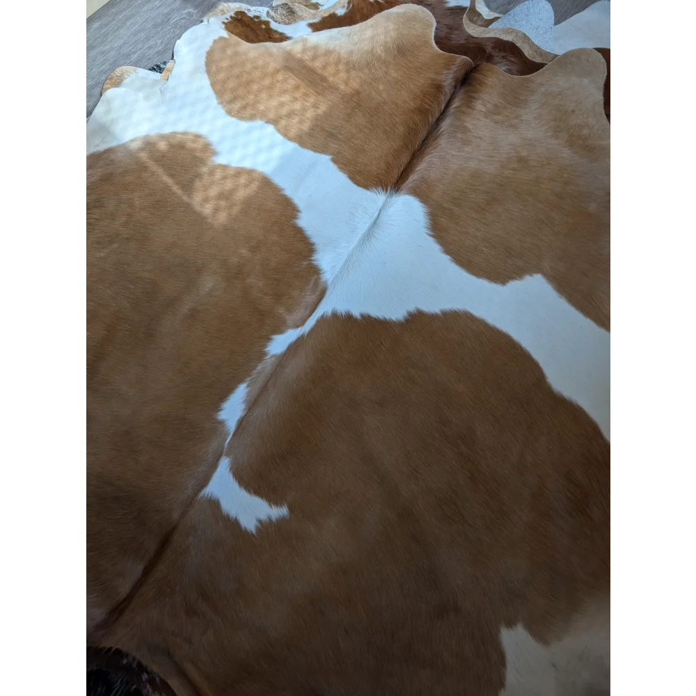Large cowhide rug with brown and white natural patches perfect for beautiful rugs and extra large cowhide decor