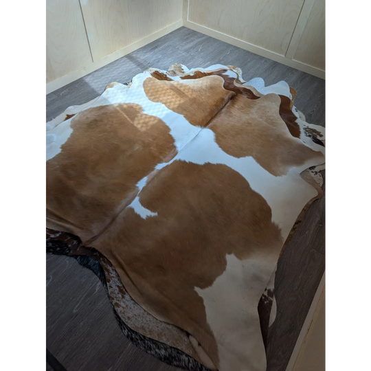 Large brown and white cowhide rug with natural edges perfect as a beautiful extra large cowhide for any space