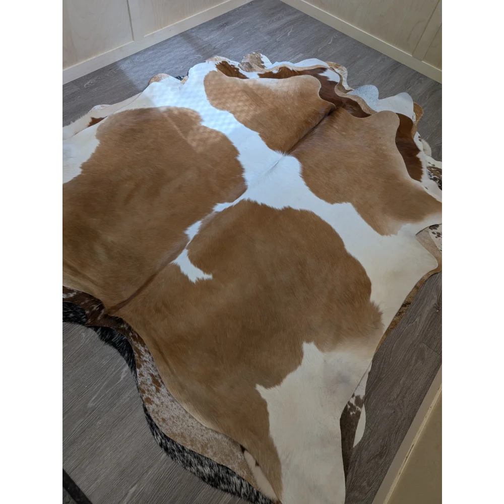Large cowhide rug in brown and white with natural irregular edges perfect for beautiful rugs or extra large cowhide decor