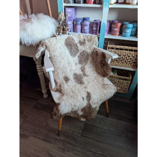 A cozy white and brown tibet highland spotted grade a- sheepskin rug draped over a vintage wooden chair