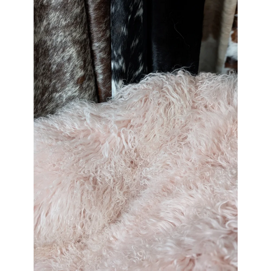 Blush pink sheepskin rug, 71x47 Angus Oliver fluffy mongolian style