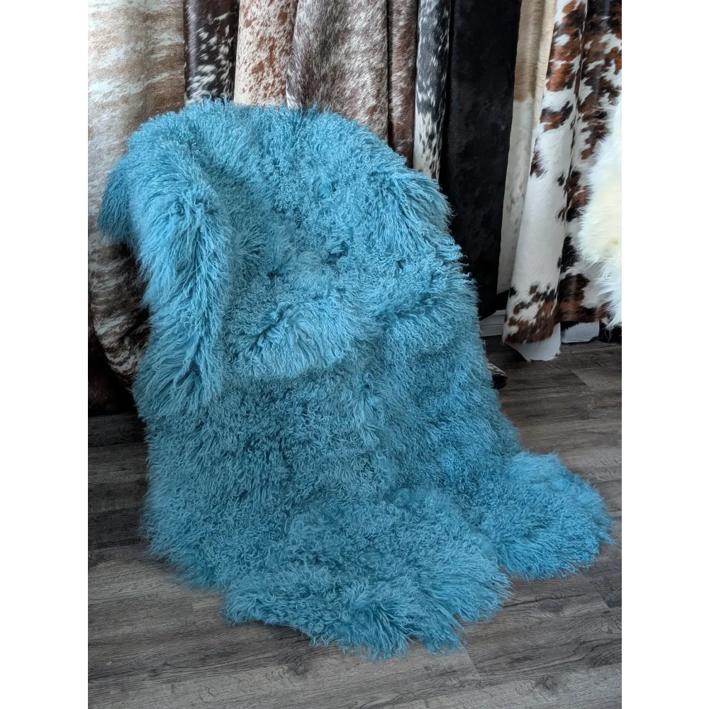 Vibrant turquoise plush sheepskin rug, gorgeous Mongolian sheepskins for natural home decor