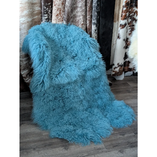 Vibrant turquoise plush sheepskin rug, gorgeous Mongolian sheepskins for natural home decor