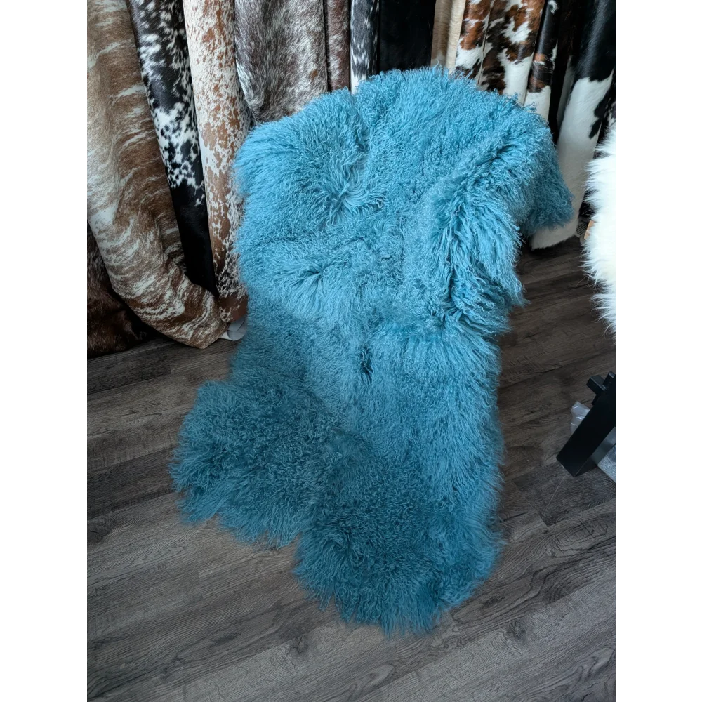 Vibrant turquoise 72x45in aqua quad sheepskin rug, gorgeous Mongolian sheepskins for natural home decor