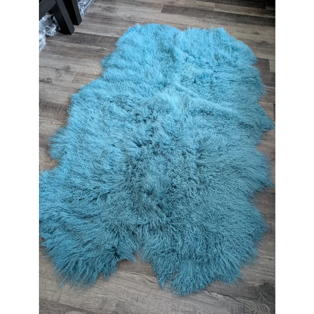 Plush turquoise 72x45 aqua Mongolian sheepskin rug for natural home decor