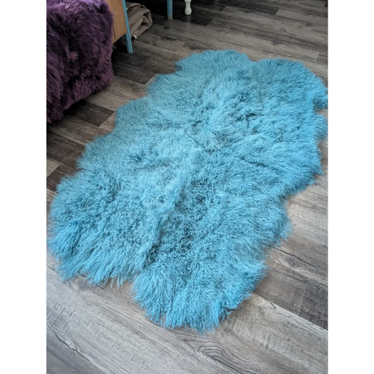 Gorgeous aqua Mongolian sheepskin rug, 72x45 plush fluffy texture