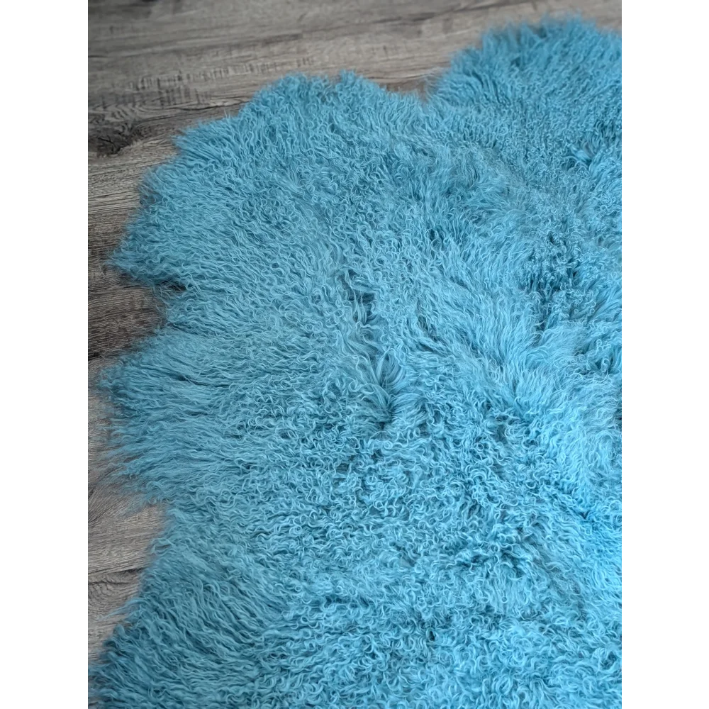 Gorgeous 72x45 aqua Mongolian sheepskin rug with curly plush fur