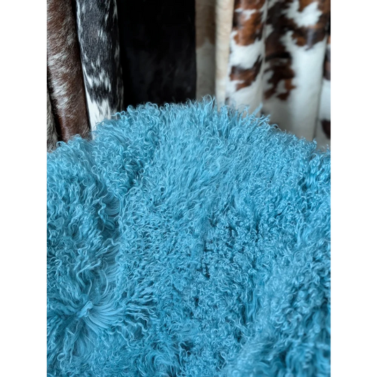 Vibrant turquoise ultra-soft curly sheepskin rug, 72x45in aqua quad Mongolian throw