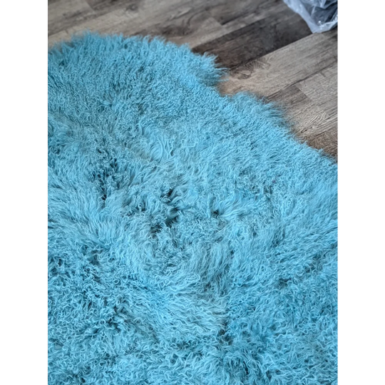Plush 72x45 aqua Mongolian sheepskin rug, gorgeous curly texture