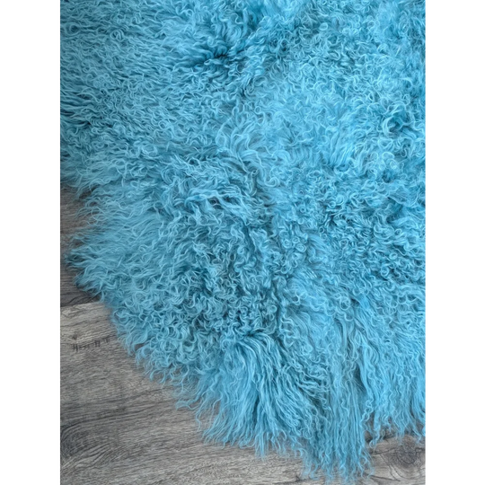 Vibrant turquoise curly-furred sheepskin rug, 72x45in aqua Mongolian gorgeous natural home decor