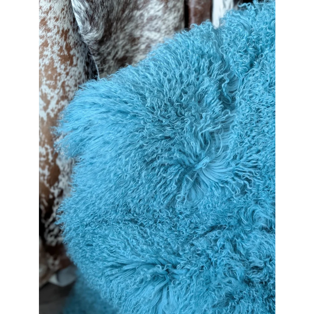 Vibrant turquoise curly sheepskin rug, gorgeous Mongolian sheepskins for natural home decor