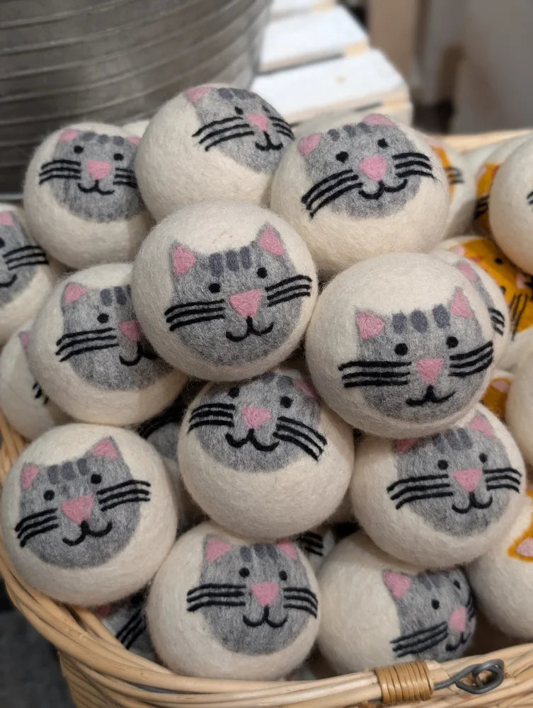 3 Fabulous Cat Dryer Balls in basket with fabulous cat designs