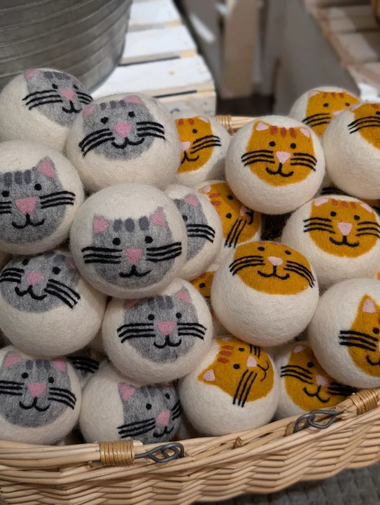 3 Fabulous Cat Dryer Balls in white wool with gray orange accents