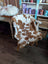 A cozy brown and white highland spotted grade b sheepskin rug draped over a wooden chair