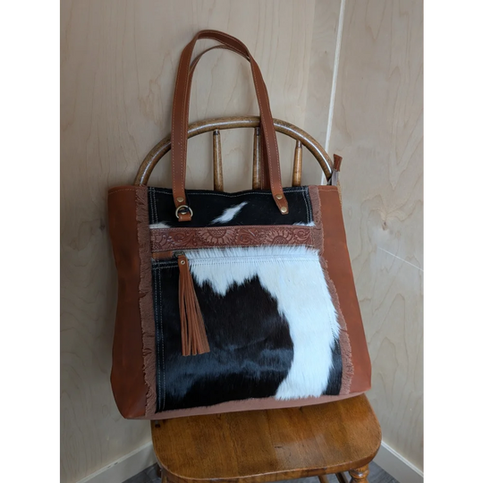 #3 oakley bag spacious tote with brown and black real cowhide patchwork and tan leather handles with decorative tassel