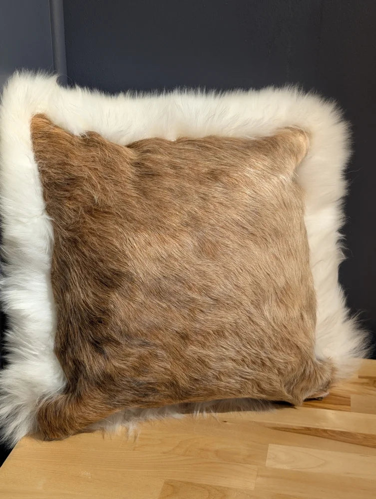 Brown faux fur throw pillow with plush white furry border one of a kind cowhide merino sheepskin cushion