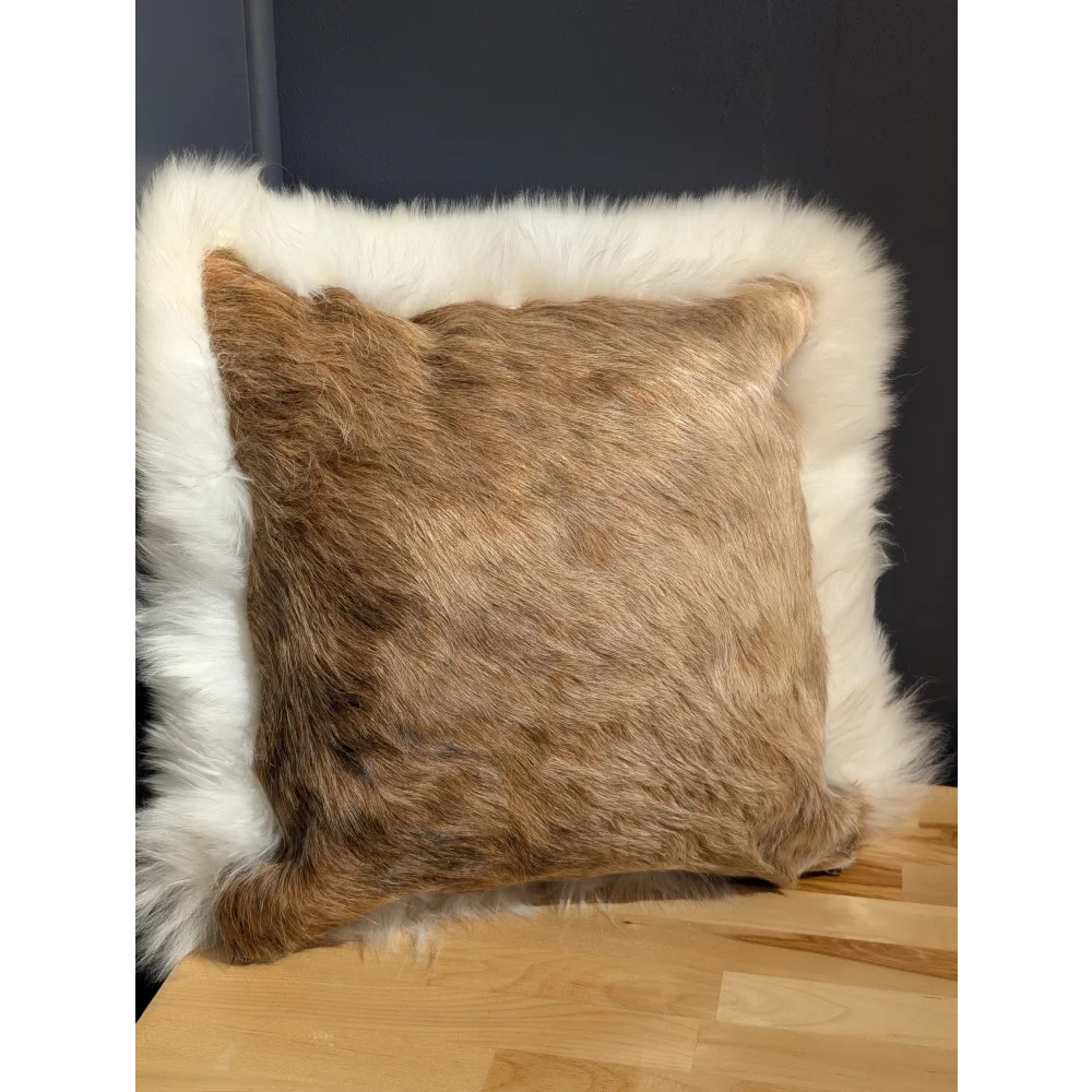 Brown faux fur throw pillow with plush white furry border one of a kind cowhide merino sheepskin cushion
