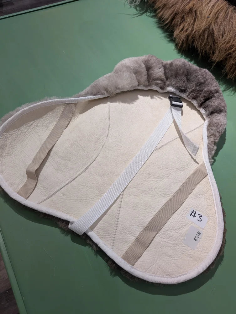 Gray faux fur English saddle cover with cream leather backing, Angus Oliver Canada