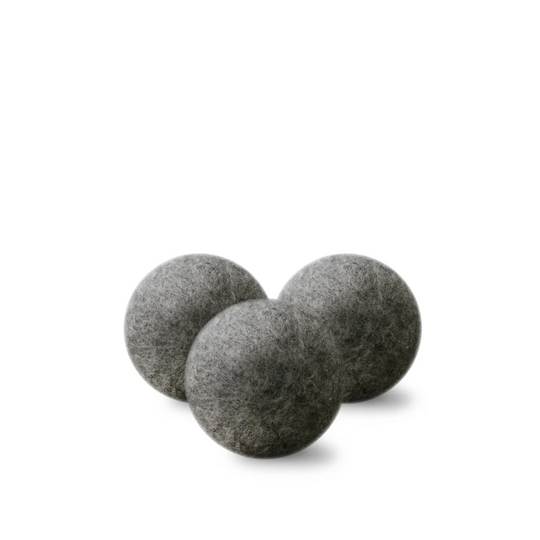 Three matte gray wool dryer balls with soft felt texture for eco friendly laundry use